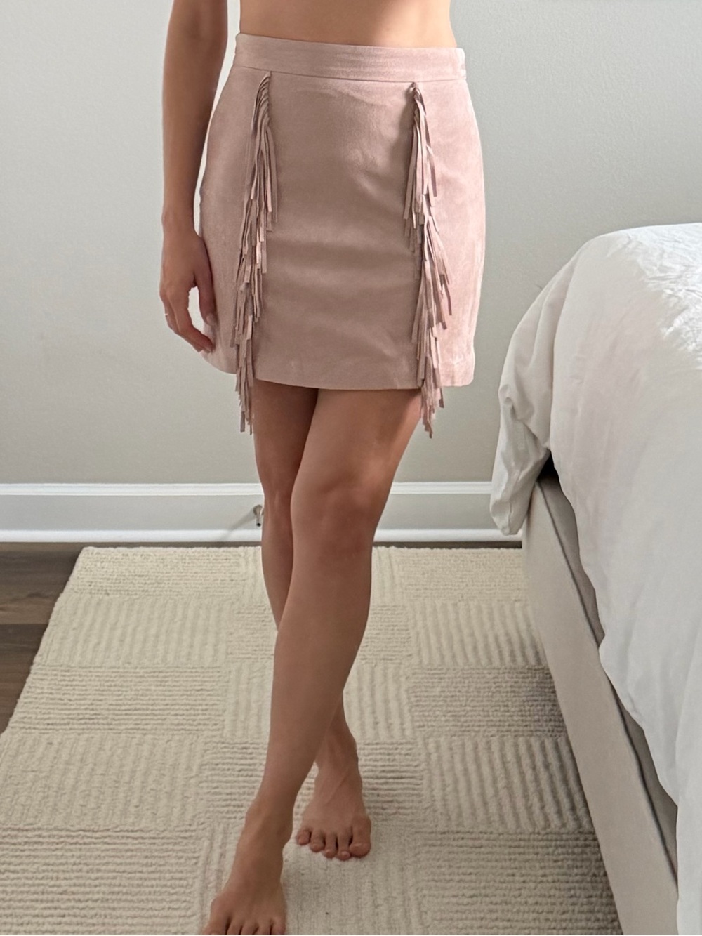 Suede Fringe Mini Skirt in Dusty Pink